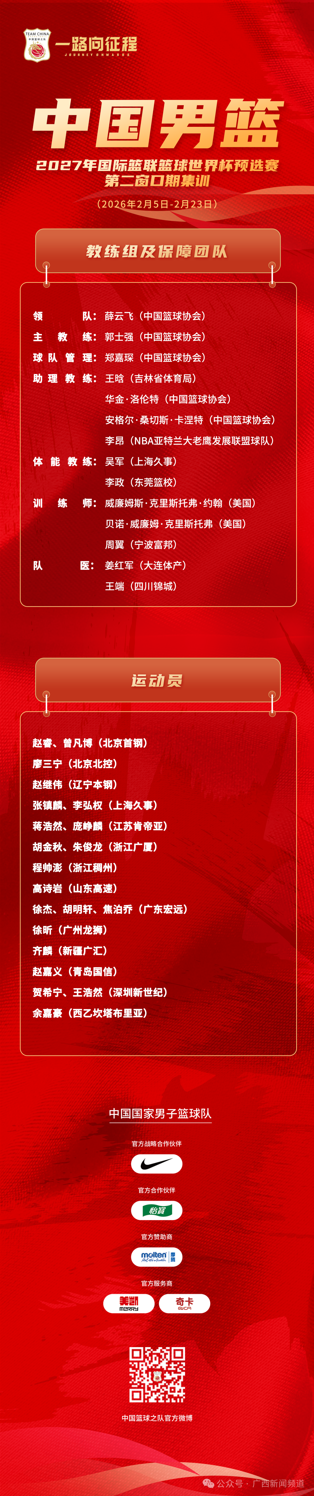 广西庞峥麟、廖三宁，入选男篮国家集训队！